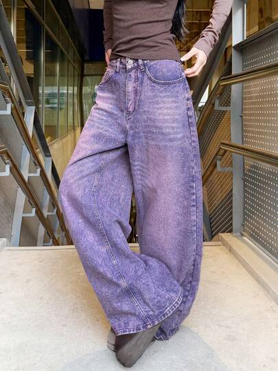 1 chiếc quần jeans nữ ống rộng màu tím bạc màu thời trang, thoải mái và dễ chịu, phù hợp cho công sở và sinh hoạt hàng ngày, quần denim cho mọi mùa (Không bao gồm thắt lưng/phụ kiện) Mùa xuân