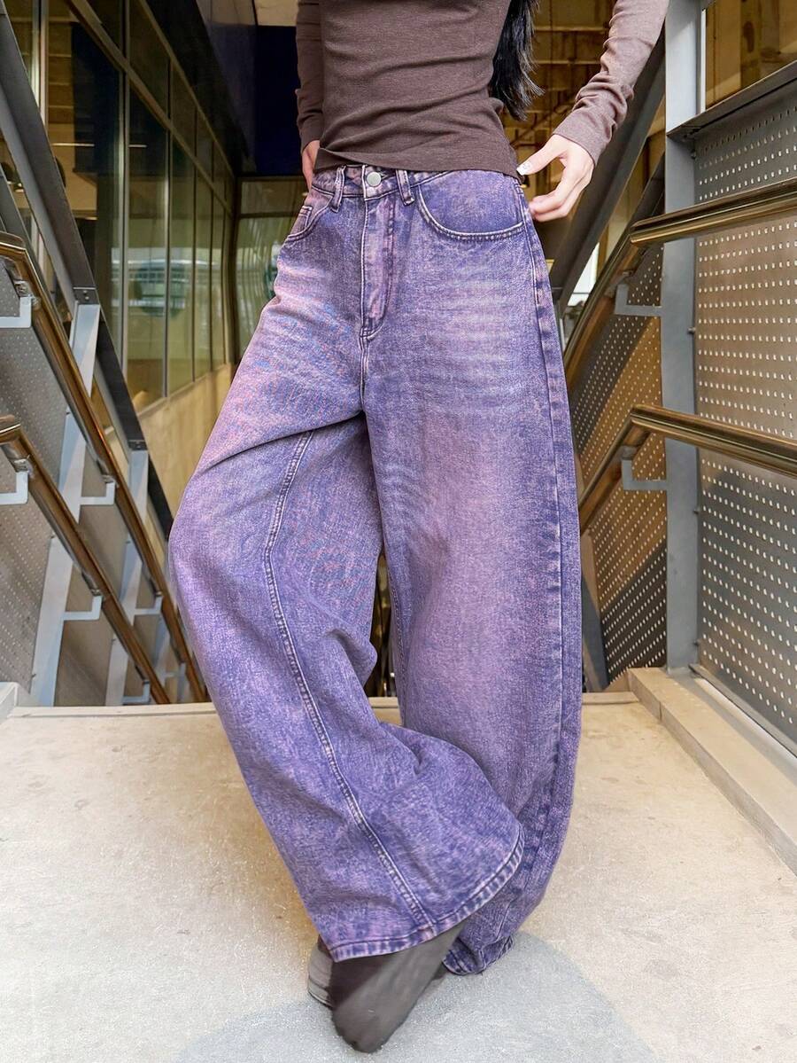1 chiếc quần jeans nữ ống rộng màu tím bạc màu thời trang, thoải mái và dễ chịu, phù hợp cho công sở và sinh hoạt hàng ngày, quần denim cho mọi mùa (Không bao gồm thắt lưng/phụ kiện) Mùa xuân