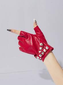 1 双嘻哈风格 PU 皮革露指手套，适合音乐节佩戴 - 黑色 - 查看 10