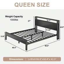 Bed Frame With LED Light, Industrial Platform Bed With Charging Station, 2-Tier Storage Headboard, No Box Spring Needed, Noise-Free, Strong Support Legs - 黑色 - 查看 11