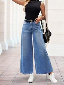 Elegant Bohemian Style Women's Wide Leg 7/8 Length Jeans, With Distressed Details, Button & Pocket Design, Medium Stretch Fabric Casual Spring - Medium Wash - View 2