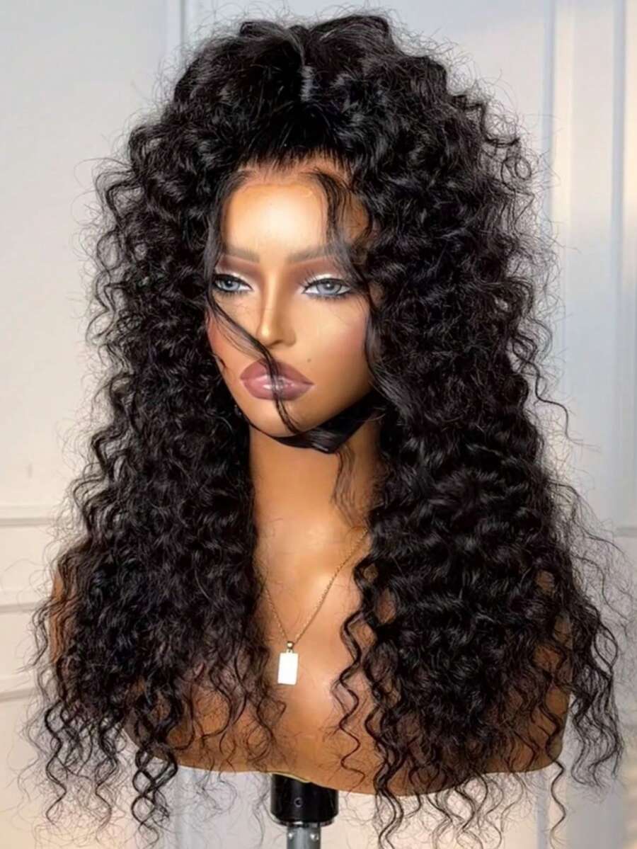 Invisi Strap 360 Deep Wave Lace Front Wigs Human Hair 250% Density Deep Curly Human Hair Wig Wet And Wavy Glueless 360 HD Lace Frontal Wig With Drawstring Pre Plucked Natural Hairline 13x6 HD Curly Human Hair Wigs For Women Natural Black Color - Natural Black - 查看 1