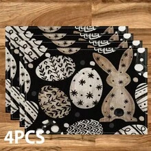 1/4/6 Pcs Easter Egg Bunny Pattern Placemats, Linen Dining Table Mats With Colorful Egg Rabbit Design, Washable Printed Tabletop Protector, Ideal Decoration For Holiday Kitchen And Family Gatherings - Multicolor - View 1