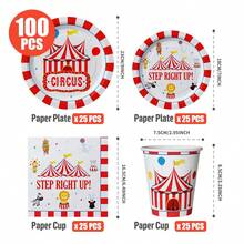 100/25/10pcs Circus Carnival Disposable Plates Napkins Cups, Disposable Party Supplies Set, Suitable For 25 Guests, Disposable Paper Plates Party Tableware Suitable For Birthday Wedding Theme Party Family Picnic - Multicolor - View 11