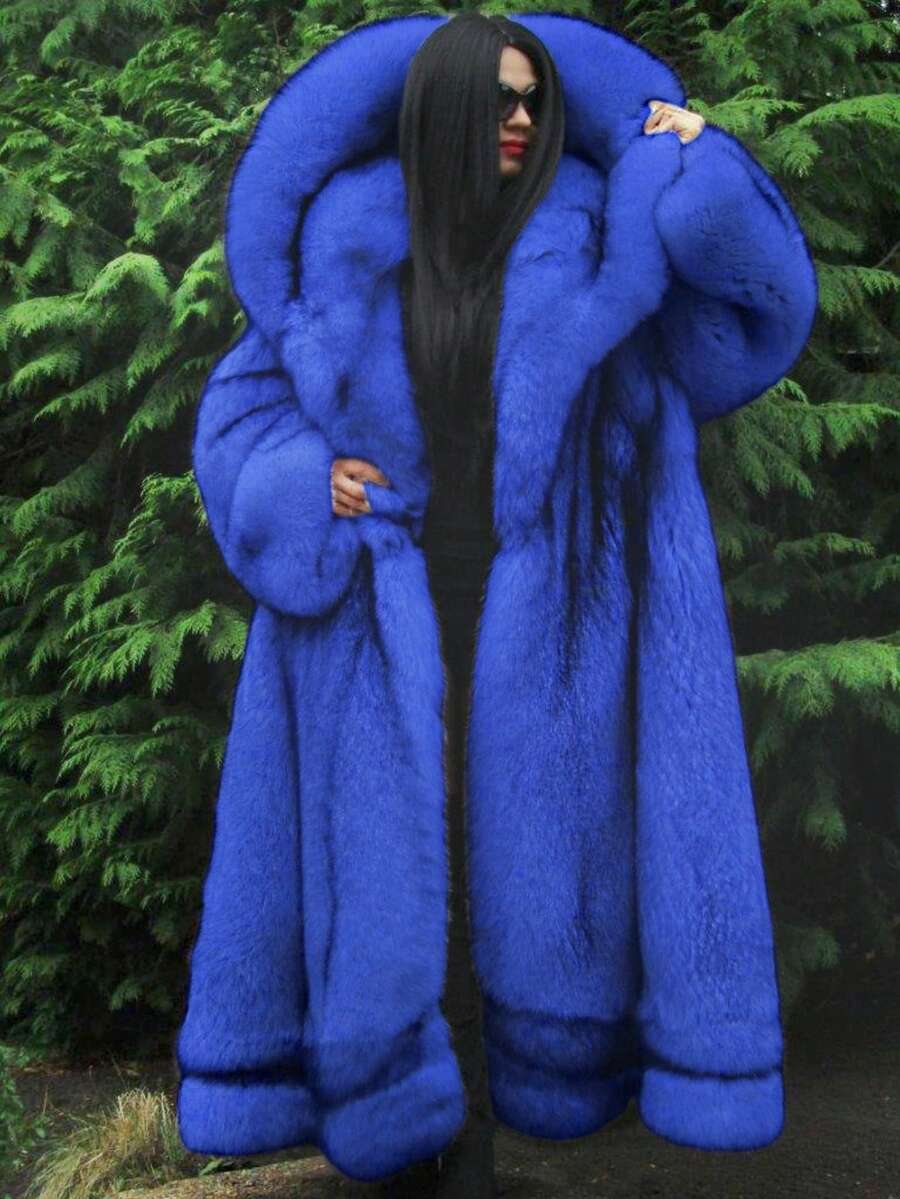 FHILLINUO 1 pieza Abrigo largo con capucha de piel sintética para mujer, blanco con puntas negras de piel artificial, corte holgado, elegante para vacaciones, uso diario, viajes, fiestas de té, Navidad, vacaciones de otoño/invierno - azul real - Ver 1