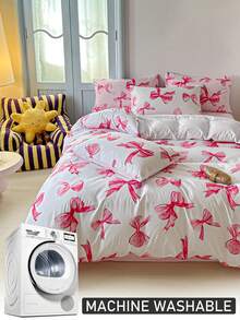 2/3pcs Pink Bow Printed Polyester Duvet Cover Set, Cute Bedroom Bedding Set For All Seasons, Zipper Closure, Machine Washable (1 Duvet Cover + 1/2 Pillow Shams)