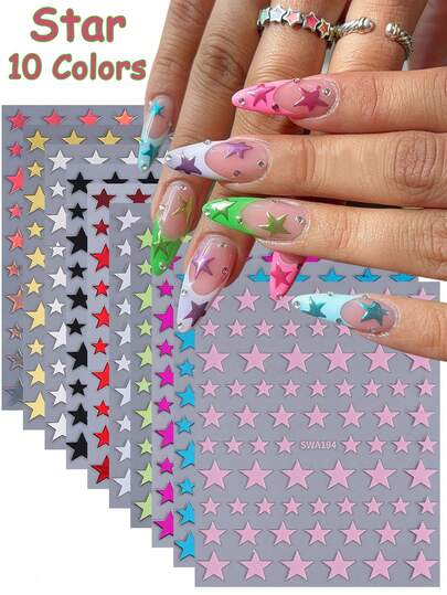 10PCS Colorful Metallic Star Nail Stickers Metal Star Themed Nail Decals Green Blue Pink Purple Black Gold Star Design Manicure Nail Art Decoration DIY Self-Adhesive Stickers Accessories For Women Nails Nail Supplies