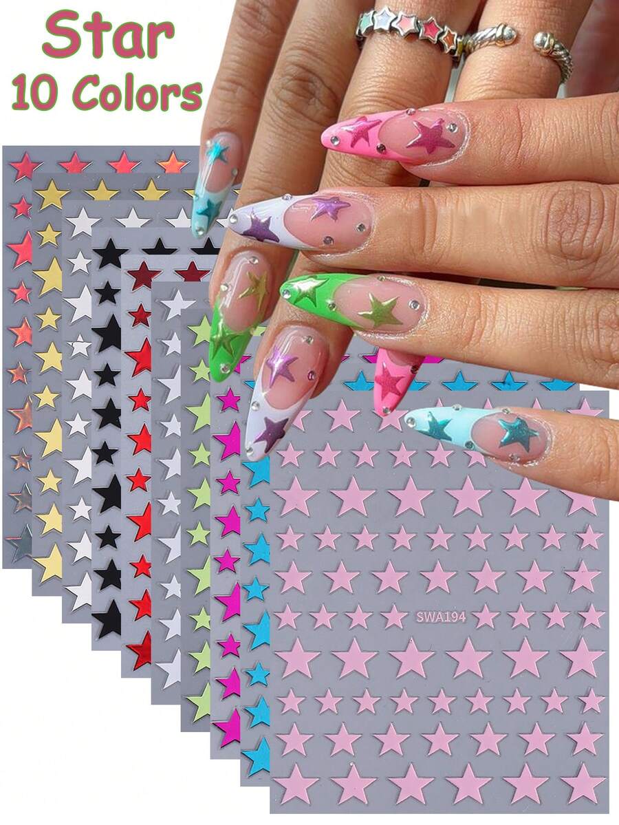 10片彩色金属星星美甲贴纸，金属星星主题美甲贴纸，颜色包括绿色、蓝色、粉色、紫色、黑色、金色，美甲装饰DIY自粘贴纸配件，适合女性使用。 - 彩色 - 查看 1