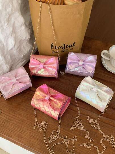 1pc Holographic Laser Print + Bow Decor Crossbody Bag, Magnetic Closure, Sweet & Cool Style, Suitable For Women Outings And Parties, All Seasons