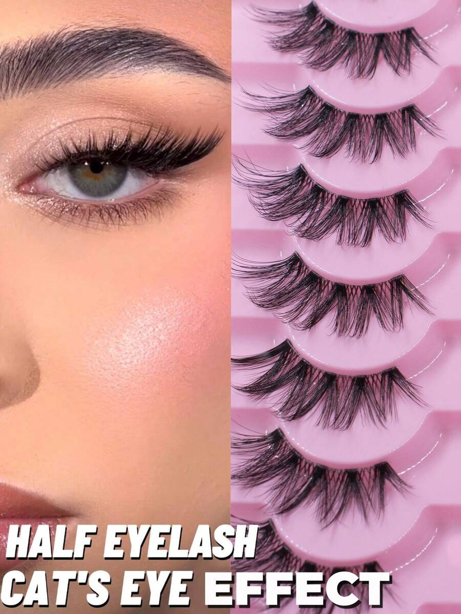 9对透明带猫眼假睫毛，短款柔软3D貂毛睫毛，自然妆容，条状假睫毛 - 黑色 - 查看 1