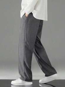 1pc Tween Boys Casual Solid Color Toothpick Pleated Decor Sports Outdoor Waffle Straight Leg Pants, Spring/Autumn - Dark Grey - View 4
