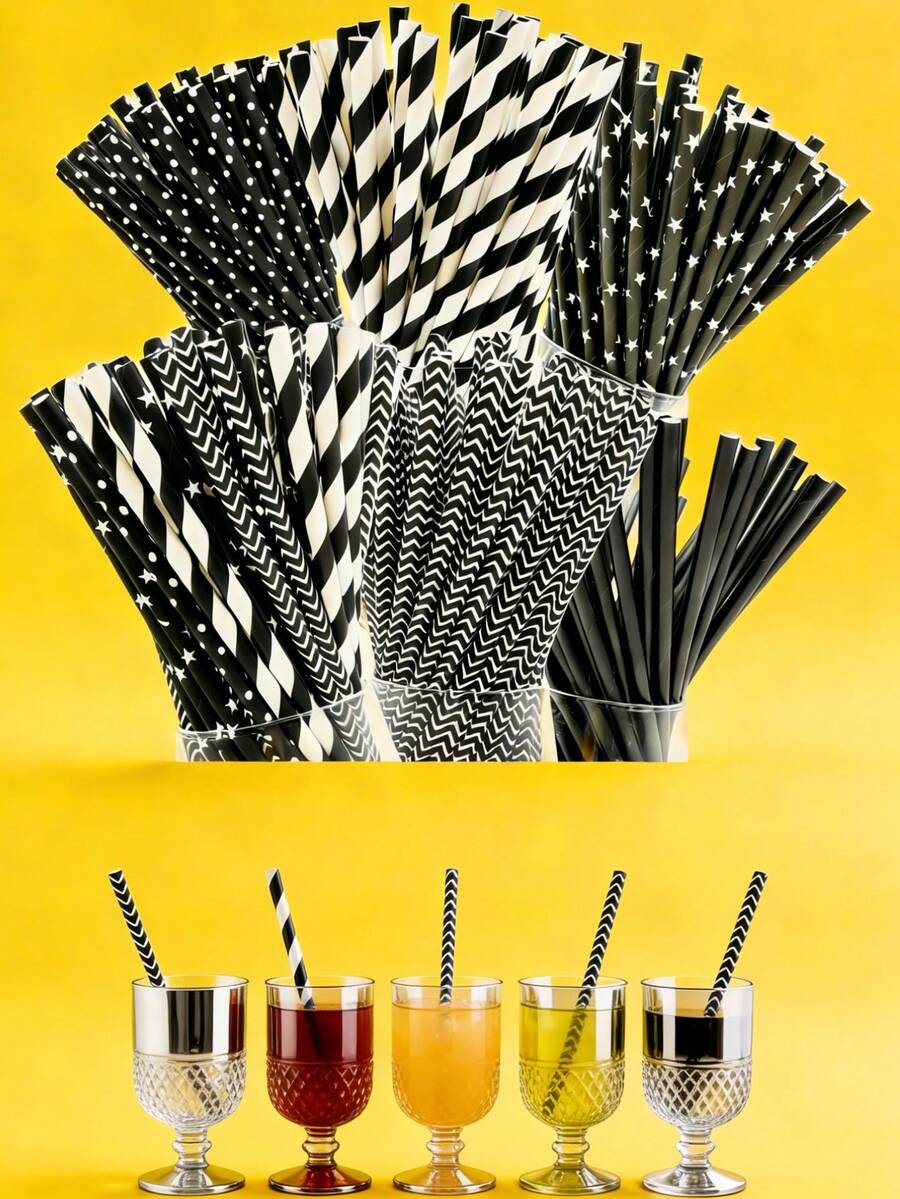 25pcs/100pcs Black Series Paper Straws, Various Printed Designs, Party Decoration Straws, Disposable Beverage Paper Straws, Suitable For Juice, Milkshake, Summer Cocktail, Graduation Party Supplies - Multicolor - View 1