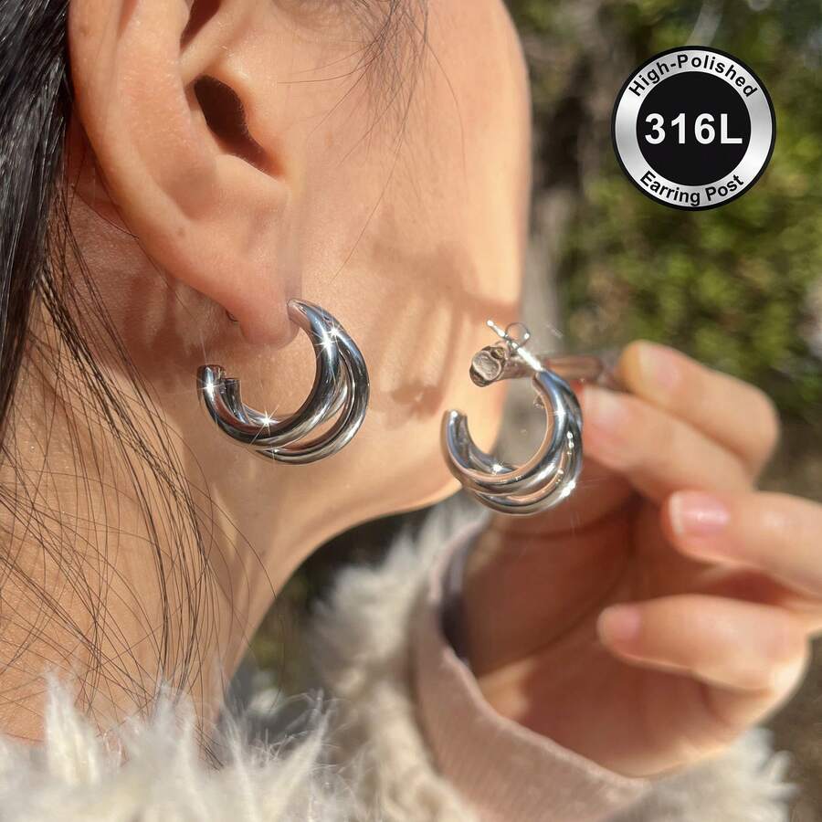 High-Quality Stainless Steel Women Hoop Earrings,Hypoallergenic 316L Ear Post,Anti-Fading Vacuum 18K Gold Plated Anti-Wear, Charming Fashionable Designer Unique Shapes Unisex Jewelry Earrings For Daily Wear Festival Vacation Parties - Silver - View 1