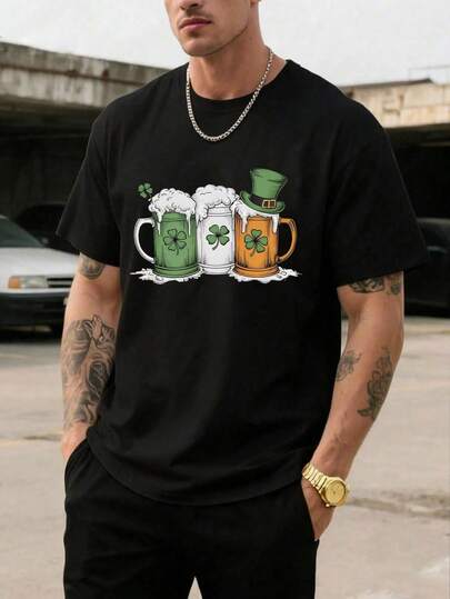 A High-Quality 100% Cotton Summer Men's T-Shirt With Two Beer Glass Print Patterns Decorated With Clover, A Fun Dressing Item For Irish Holiday Atmosphere, St. Patrick's Day