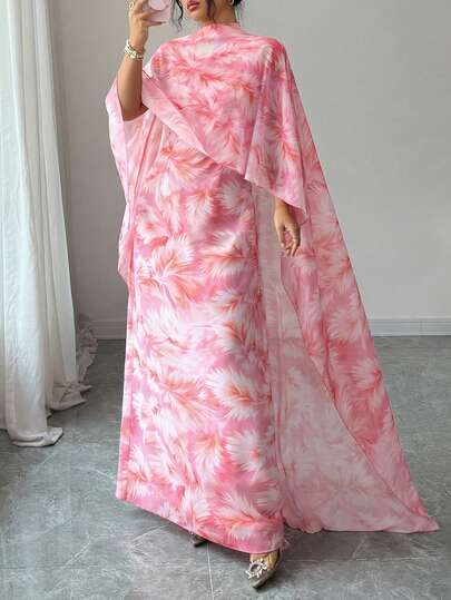 Women's Floral Print Poncho Collar Casual Loose Fit Dress, Elegant Abaya Dress,Luxury Kaftan & Jalabiya,Wedding Party Dress,Wedding Guest Outfit,Summer Holiday Outfits,Suitable For Dates And Outings