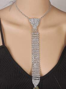 1pc Rhinestone Necklace, Fashion Unisex Tie Accessory, Suitable For Wedding Dress And Other Occasions - Silver - View 4
