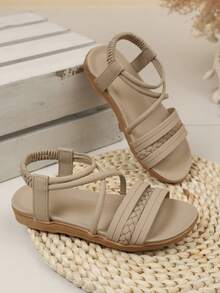 1 Pair Retro Girls' Open Toe Sandals, New Summer Fashion Breathable Slip-On Beach Shoes, Soft Non-Slip Sole - Grey - View 3