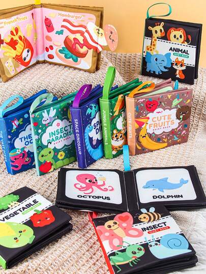 1 Set de Libros y Juguetes para Bebé, Libros de Tela con Cola de Animal y Papel Crepitante, Libros Sensoriales Suaves Adecuados para Bebés Niños y Niñas, Juguetes de Alto Contraste Negro y Blanco para Tiempo de Barriga, Regalo Ideal de 1er Cumpleaños para Bebés