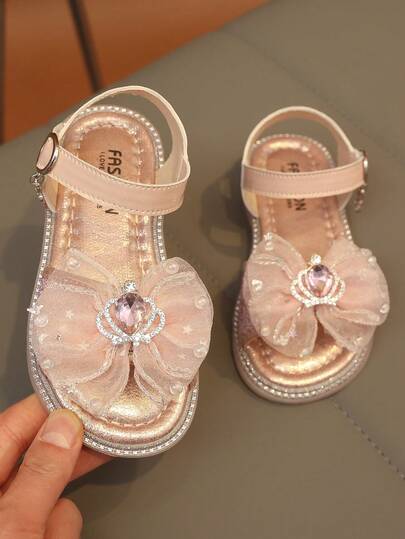 1 Pair Girls' Bow Sequin Sandals, Leather Hollow Out Summer Flat Rhinestone Hook And Loop Sandals, New Open Toe Cute Sweet Style Flat Shoes, Children Sandals, Outdoor Beach Sandals, Round Toe Casual, Dance, Wedding, Party Princess Shoes