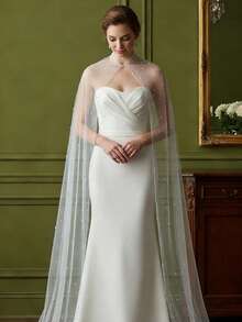 2m Nail Bead Bridal Shawl Cloak Pearl Wedding Shawl Cape Church Bridal Shawl Beaded Top Wedding Wraps Accessories - A - View 4