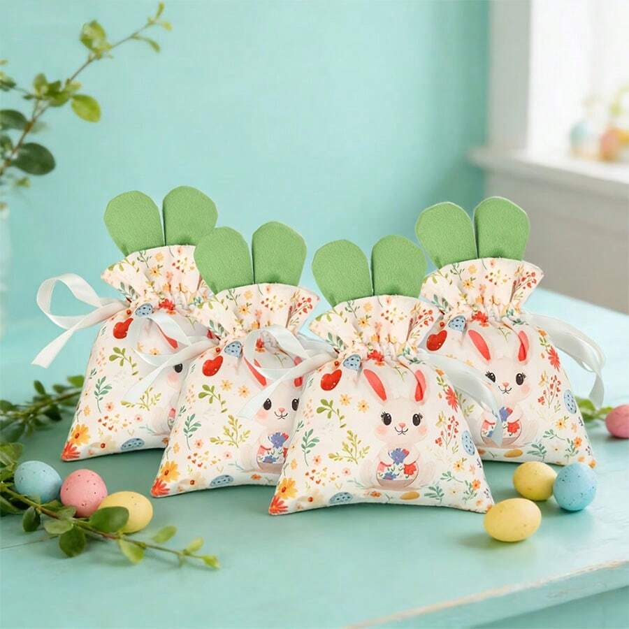 4pcs/2pcs/1pc Easter Bunny Ear Drawstring Bags, Rabbit Party Favor Bags, Candy/Egg Packaging Bags, Birthday Party Gift Bags