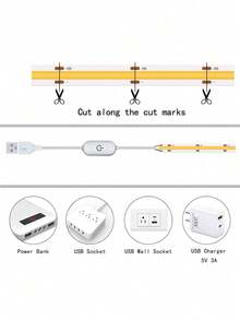 Tira de luz LED COB - Alimentada por USB, autoadhesiva y recortable, control táctil - Mantenga presionado para ajustar el brillo, 3 temperaturas de color disponibles, adecuada para gabinete, iluminación de cocina, iluminación trasera de TV, decoración de dormitorio DIY para el hogar - Multicolor - Ver 11