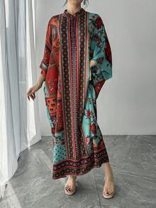 1pc Women's Arabic Abaya Dress, Contrast Color Placement Print, Stand Collar, Single-Breasted, Raglan Sleeve, Oversized, Long Casual Dress, Elegant Arabic Robe, Luxury Festival Evening Gown, Arabic Women Clothing Loose Robe - Multicolor - View 5