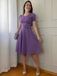 Women's Midi Dress, Flared, Elegant Knit Fabric, Buttons Down The Front, With Belt, Suitable For Formal And Evening Wear. - 紫丁香色 - 查看 4