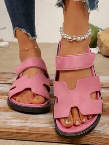 Zapatillas cómodas de mujer con punta abierta, suela plana y gruesa, básicas para uso diario, zapatos de vacaciones, zapatos casuales, zapatos de playa, material de PU/cuero artificial - Rosa - Ver 3