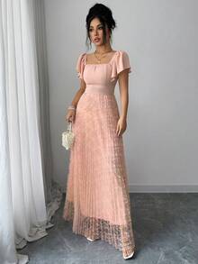 Women's Square Neck Raglan Sleeve Elegant Arabic Style Dress - Pink - View 7