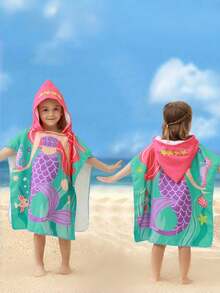 1入組卡通印花兒童連帽浴巾，快速乾燥海灘毛巾披風，男女嬰幼兒通用