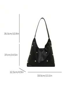 2026 Matte Solid Color Punk Rivet Commuter Tote Bag, Minimalist Style Shoulder Bag, Fashionable Large Capacity Shoulder Bag, Gothic Style - Black - View 5