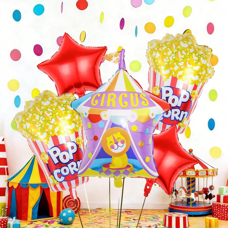 5pcs Circus Theme Balloon Set, Includes Circus Balloons, Popcorn Balloons, Pentagram Balloons, Suitable For Birthday Party Decoration, Movie Party Decoration, Carnival Theme Decoration, Carnival, Circus Performance Background Decoration, Party Decorations - 彩色 - 查看 1