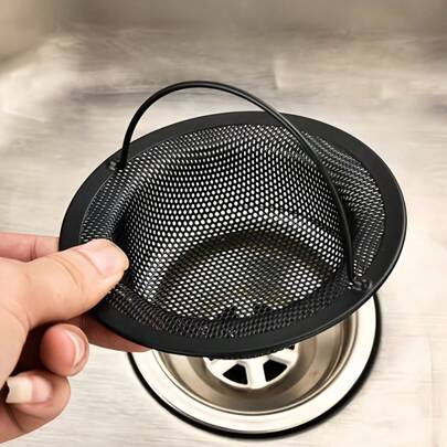 1个不锈钢黑色/银色圆形厨房水槽滤网，带手柄 | 细网沥水篮，易于清洁，适用于洗碗机和水槽，防锈设计，防止堵塞