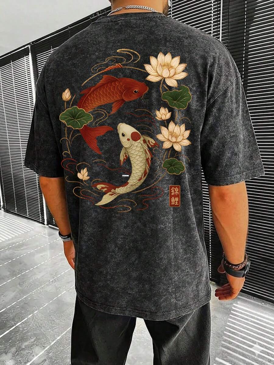 FRACTYR Men's Summer Fashion Minimalist Street Carp Element Print Round Neck Short Sleeve T-Shirt | All-Match Street Casual Tee, Boyfriend/Husband Gift - Black - View 1