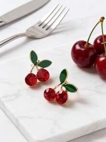 1 Pair Women's Fully Rhinestone Cherry Earrings, Suitable For Daily Wear - Multicolor - View 5
