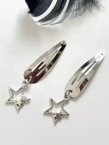 2pcs Alloy Pendant Star Women's BB Hair Clip, High-Quality Metal Hairpin, Side Fringe Clip, Side Hair Accessory, Stylish, Personalized, Street, Retro, Y2K, Hot Girl, Gothic Style, Suitable For Daily Use, Holiday Gatherings, Party Events, Gift Hair Accessory For Girls - Silver - View 2