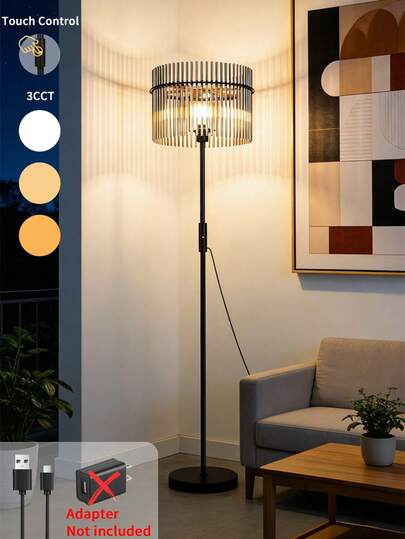 Modern Luxury Industrial Style Floor Lamp, Smoky Gray Crystal Glass Shade, Touch Control Contemporary Decorative Lamp, Ambient Lighting, 3-Color Dimmable, USB Powered, E26/E27 Socket, 5V Bulb, Suitable For Home Decor, Bedroom, Living Room, Office (Includes LED Bulb, Adapter Not Included)
