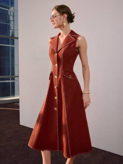 Sollinarry Women's Summer New Fashion Casual Sleeveless Front Button Belt Long Dress, Suitable For Work, Outing, And Vacation