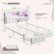 EnHomee Full/Queen/King Bed Frame With Hidden Storage Headboard & 4 Drawers Diamond-Tufted Upholstered Leather Platform Bed With LED Lights & Charging Station, White - 查看 10
