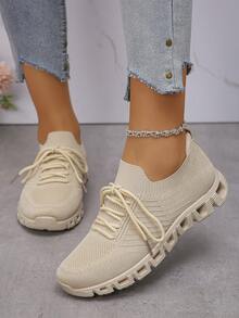 1 Pair Thick Sole Elevated Soft Sole Sneakers, Spring/Autumn New Mesh Casual Shoes - Apricot - View 6