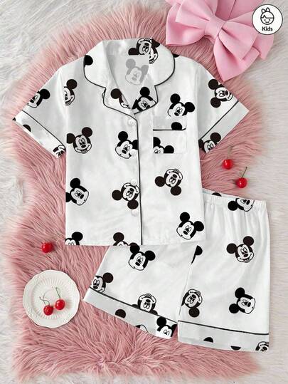 Disney Tween Girls Mickey Mouse-serien tecknat tryck 2-delat set, sött avslappnat mångsidigt kortärmat pyjamasset med elastisk midja för tween-flickor sidenliknande mjukt andningsbart tyg, lämpligt för alla årstider loungewear