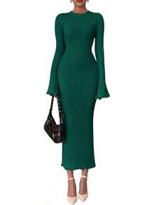 2026 Women's Fall Winter Bell Sleeve Crew Neck Ribbed Knit Bodycon Sweater Maxi Dress - 綠色 - 查看 1