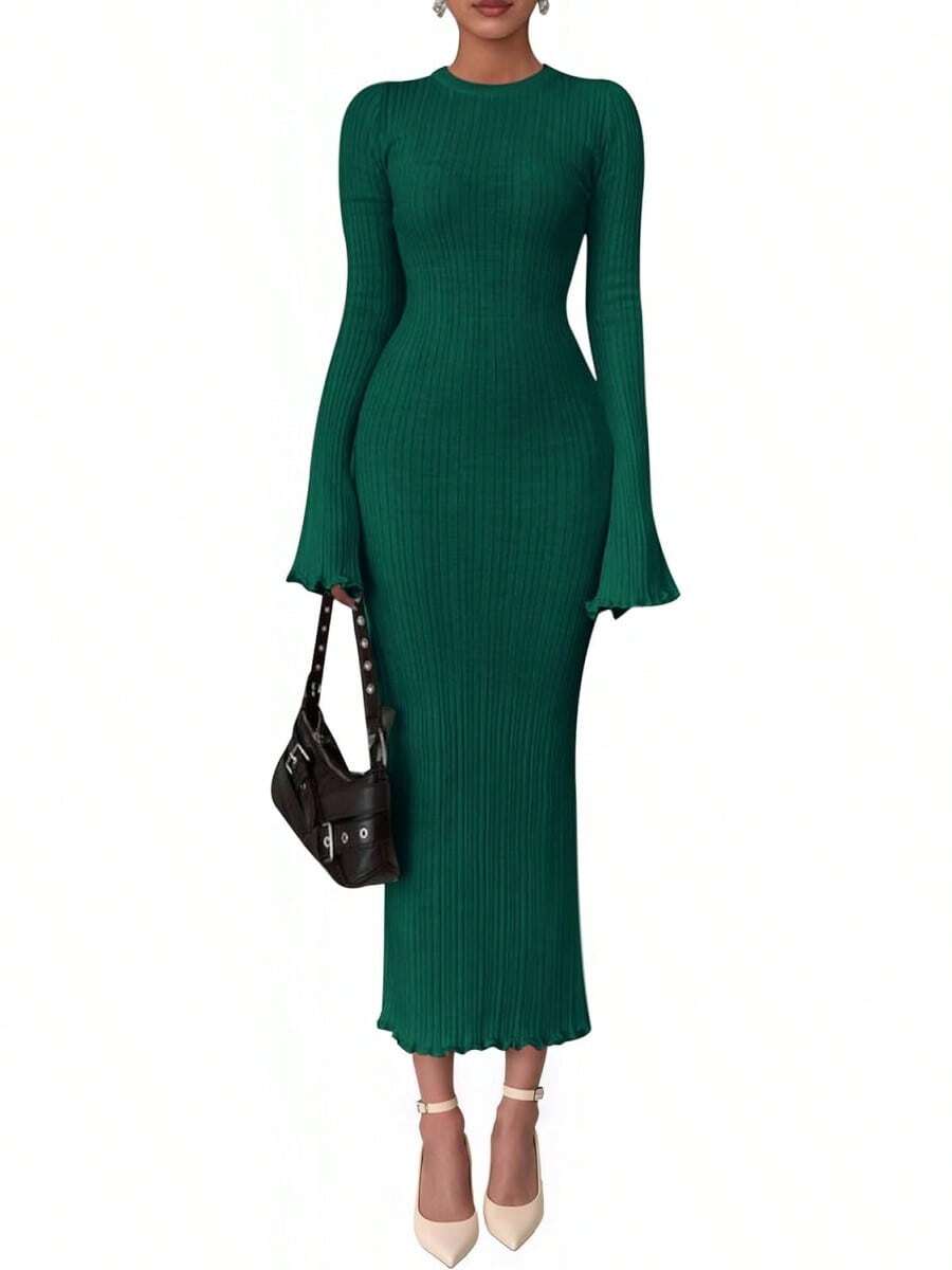2026 Women's Fall Winter Bell Sleeve Crew Neck Ribbed Knit Bodycon Sweater Maxi Dress - 綠色 - 查看 1