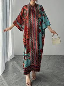 1pc Women's Arabic Abaya Dress, Contrast Color Placement Print, Stand Collar, Single-Breasted, Raglan Sleeve, Oversized, Long Casual Dress, Elegant Arabic Robe, Luxury Festival Evening Gown, Arabic Women Clothing Loose Robe - Multicolor - View 3