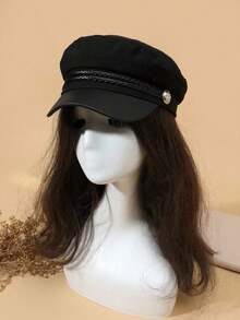 1pc Solid Color Minimalist Newsboy Cap With Leather Strap & Button, Japanese Style Brim Sailor Beret Hat Women, Outdoor - 黑色 - 查看 1