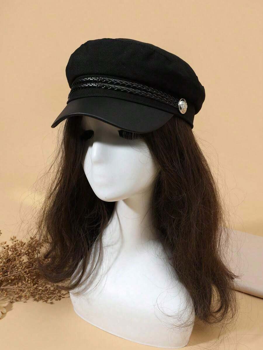 1pc Solid Color Minimalist Newsboy Cap With Leather Strap & Button, Japanese Style Brim Sailor Beret Hat Women, Outdoor - 黑色 - 查看 1