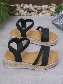 1 Pair Teenage Girls' Black Thick Sole Sandals, Summer Comfortable Lightweight Children's Sandals With Woven Rope, Fashionable Girls' Summer Sandals Suitable For School And Daily Wear - Black - View 3