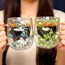 1个/2个双层玻璃杯，饰以逼真的花草图案，可重复使用，适用于牛奶、冷热饮、咖啡、抹茶、卡布奇诺等。透明玻璃杯，仅限手洗。情人节和生日的独特礼物。 - 彩色 - 查看 3