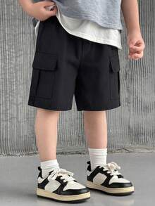 1pc Young BoyTrendy Versatile Fashion Big Pocket Design Straight Leg Cargo Shorts - Black - View 3
